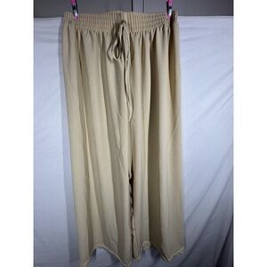 Wide Leg Flowy Lounge Pants Tan Beige High Waist Elastic Drawstring Relaxed XL